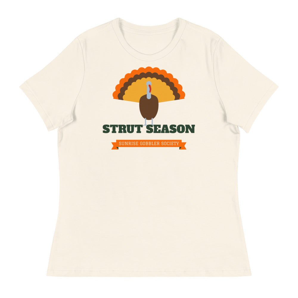 Women's Strut Season Gobbler Society Relaxed Tee in natural, design printed on the front, front view