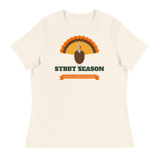 Women's Strut Season Gobbler Society Relaxed Tee in natural, design printed on the front, front view