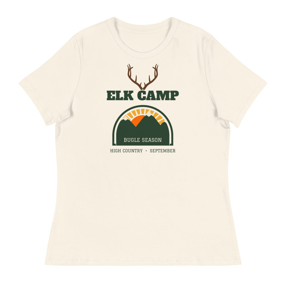 Women's Elk Camp Bugle Season Relaxed Tee in natural, design printed on the front, front view