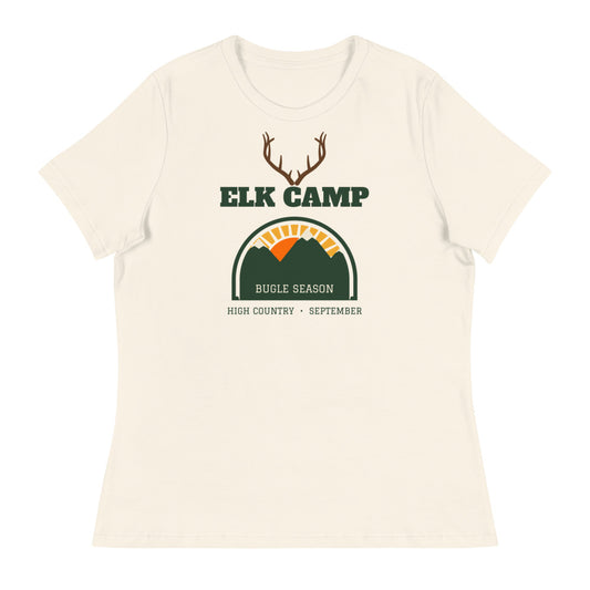 Women's Elk Camp Bugle Season Relaxed Tee in natural, design printed on the front, front view