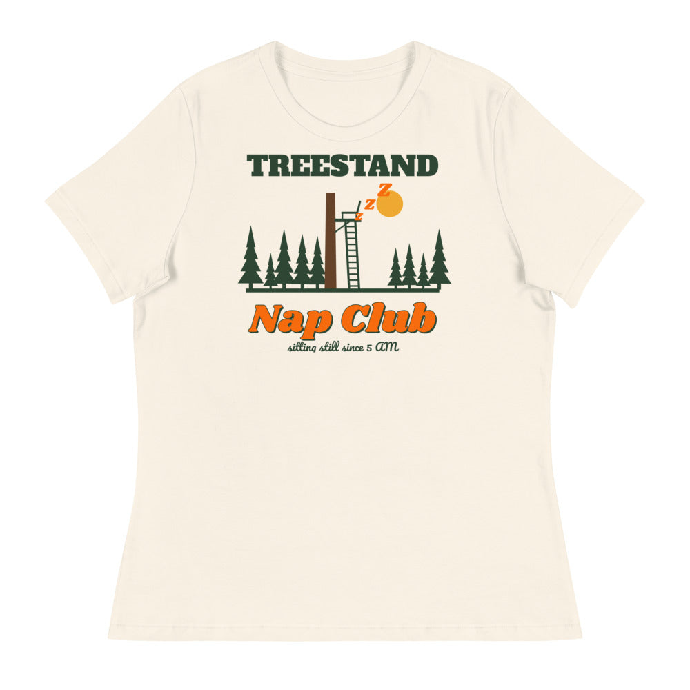 Women's Treestand Nap Club Relaxed Tee in natural, design printed on the front, front view