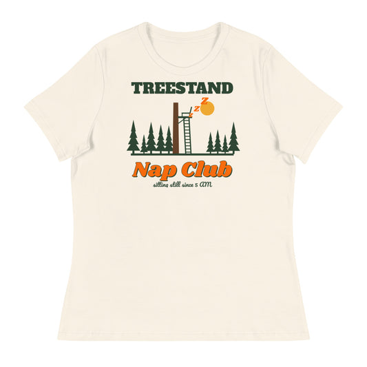 Women's Treestand Nap Club Relaxed Tee in natural, design printed on the front, front view