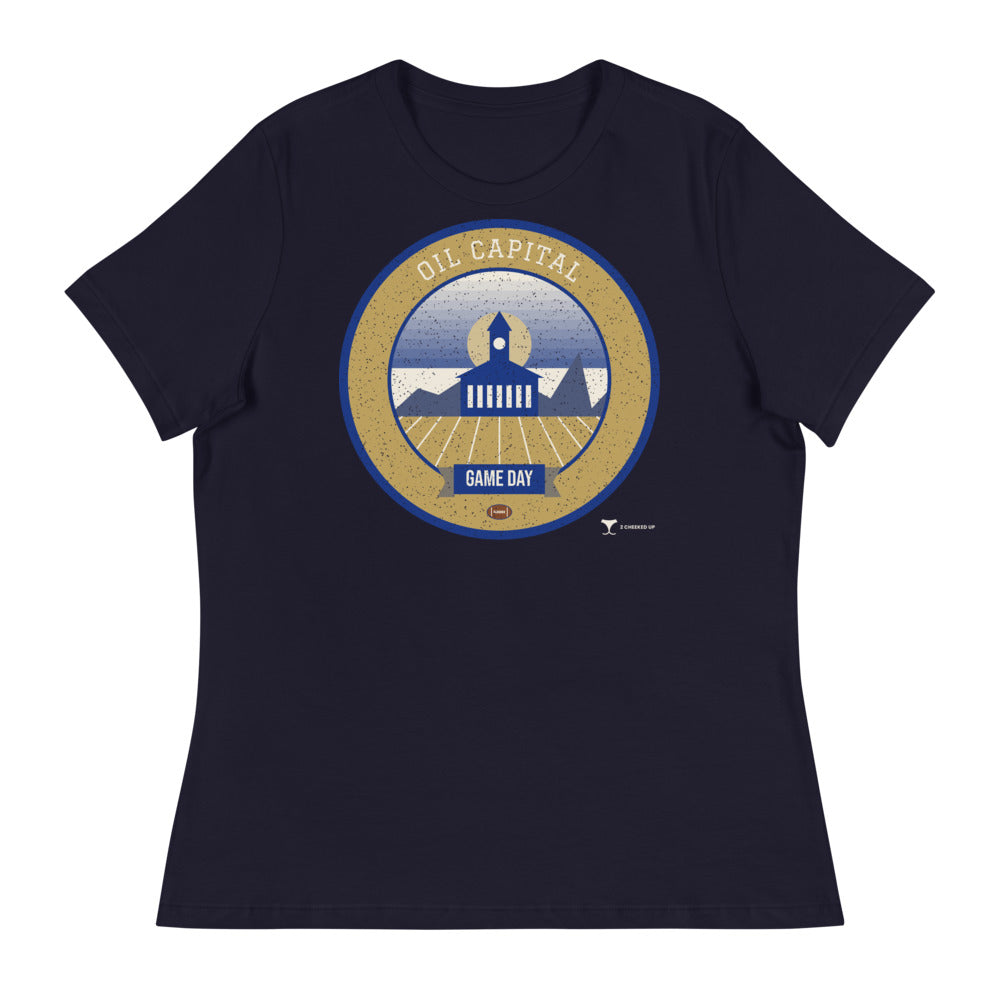 Women's Art Deco Gold & Blue Game Day Tee in navy, front
