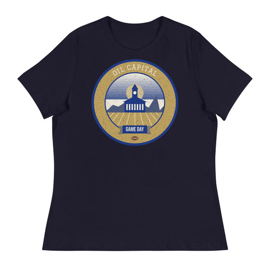 Women's Art Deco Gold & Blue Game Day Tee in navy, front