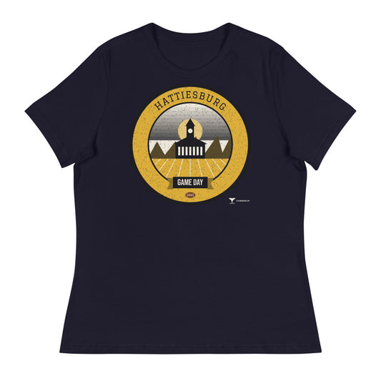 Women's Black & Gold Longleaf Game Day Tee in navy, front