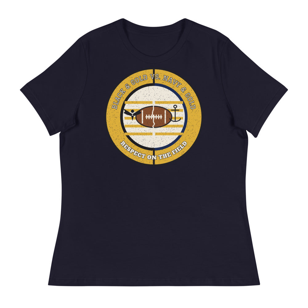 Women's Black and Gold vs Navy and Gold Respect on the Field Football Tee in navy, front