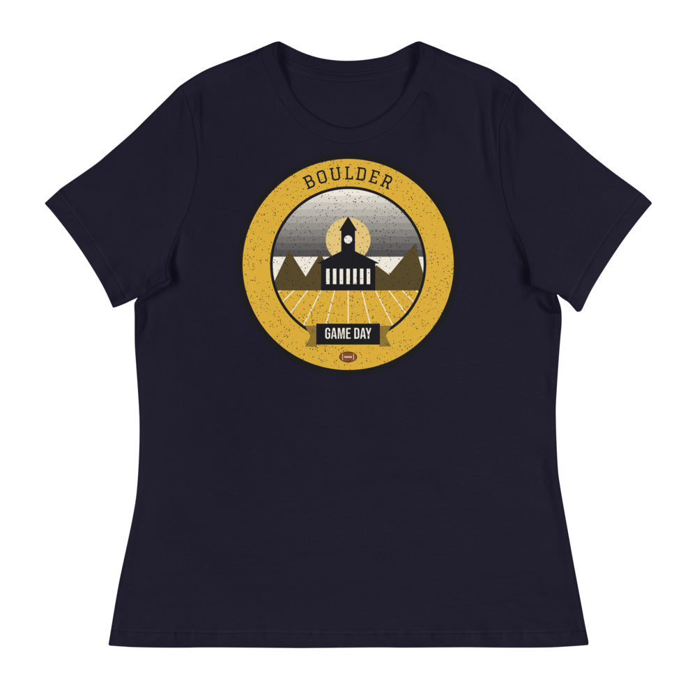 Women's Black & Gold Flatirons Game Day Tee in navy, front