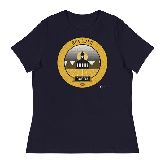 Women's Black & Gold Flatirons Game Day Tee in navy, front