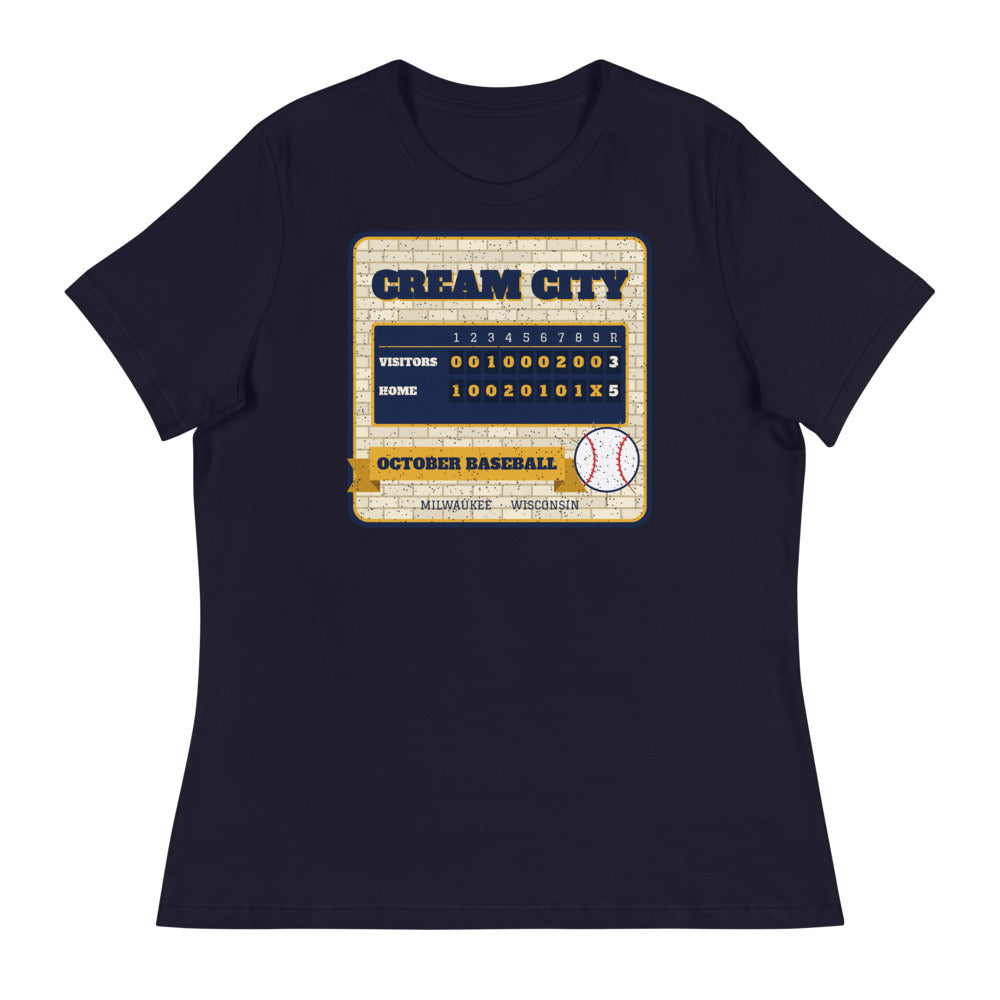 Women's Cream City October Baseball Relaxed Tee in navy, front view