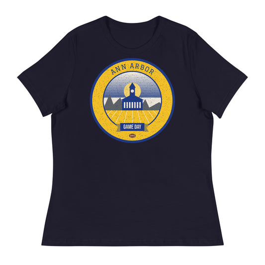 Women's Golden Yellow & Deep Blue Game Day Tee in navy, front