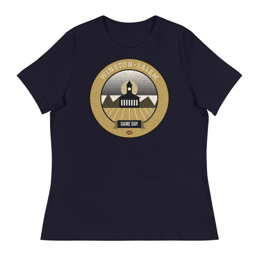 Women's Old Gold Tobacco Town Game Day Tee in navy, front
