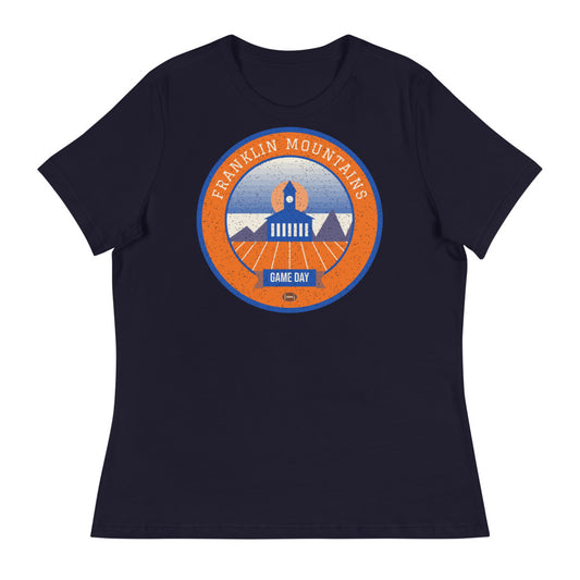 Women's Orange & Blue Borderland Game Day Tee in navy, front