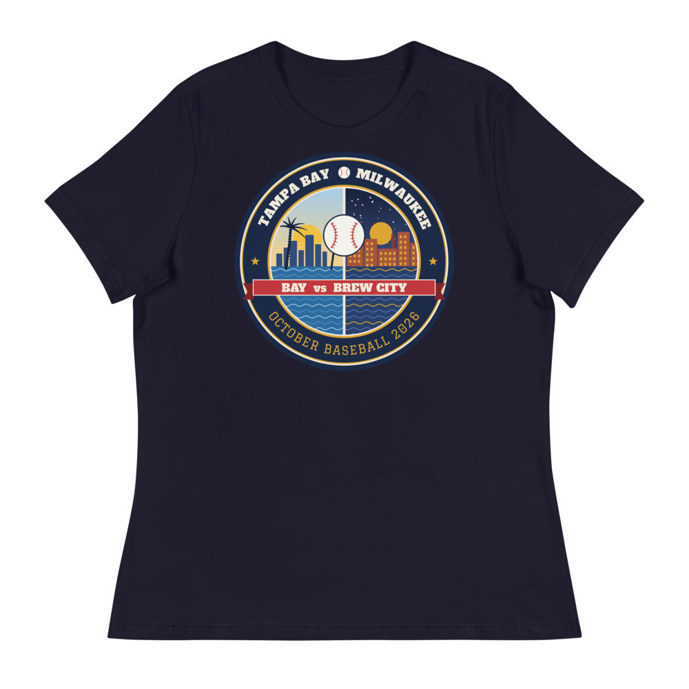 Women's Bay vs Brew City October Baseball Relaxed Tee in navy, front view
