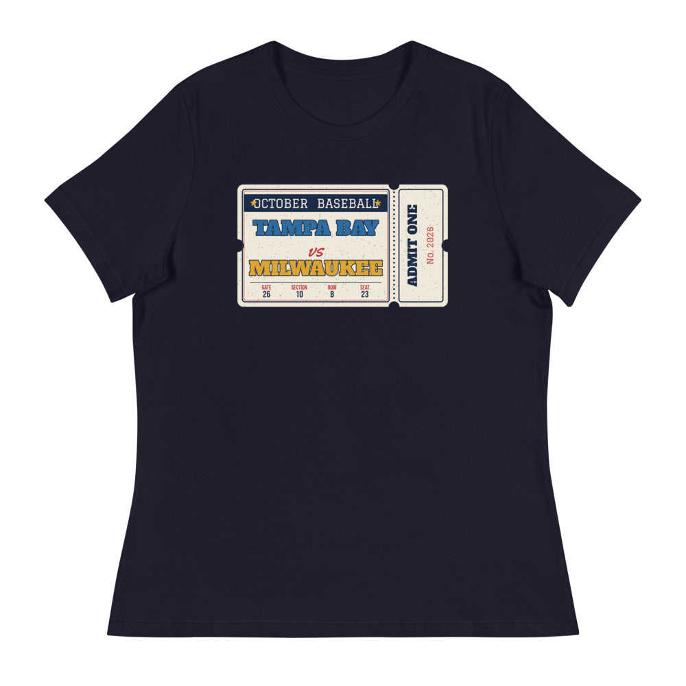 Women's Tampa Bay vs Milwaukee Retro Ticket Relaxed Tee in navy, front view