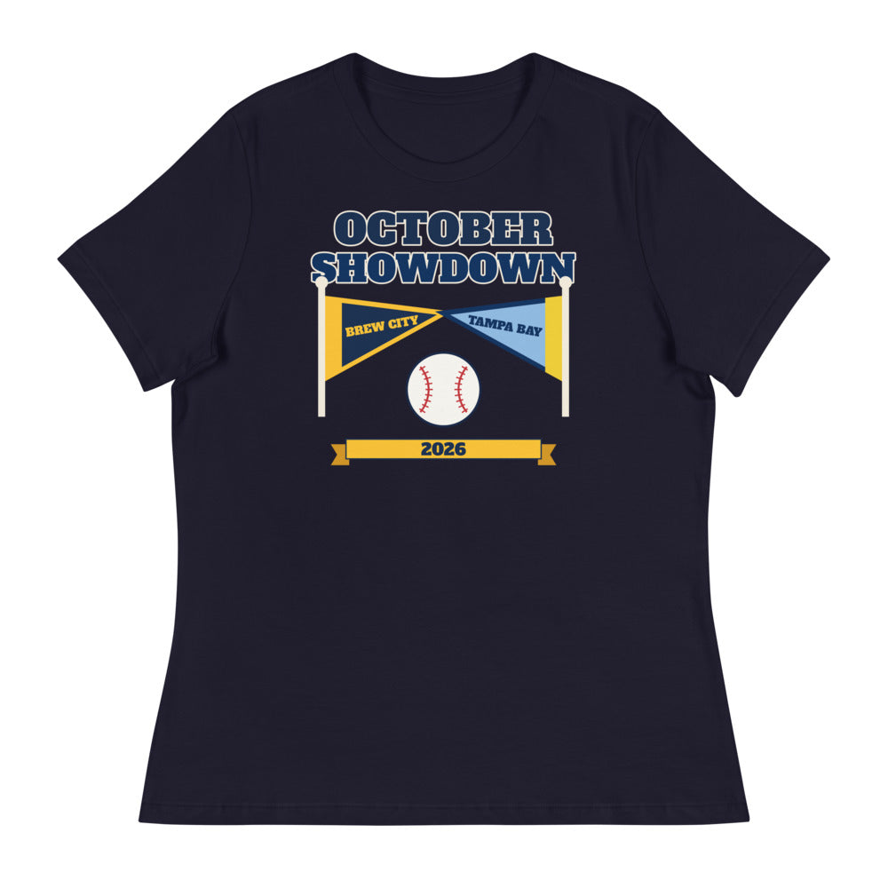 Women's October Showdown 2026 Relaxed Tee in navy, design printed on the front, front view