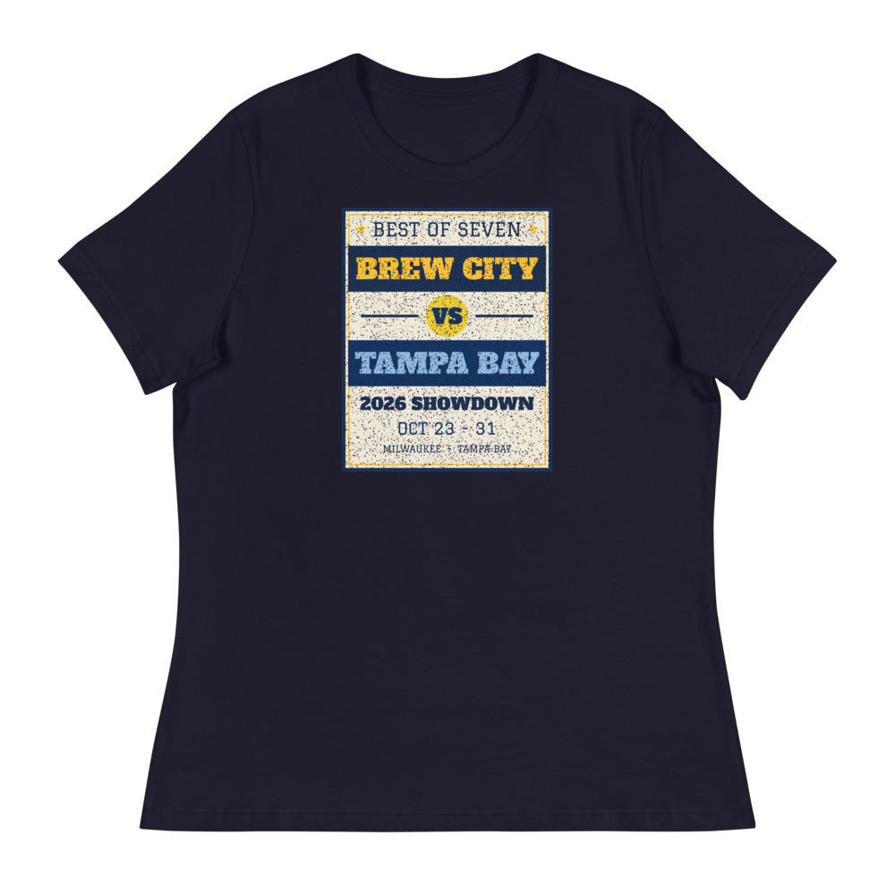 Women's Brew City vs Tampa Bay 2026 Showdown Relaxed Tee in navy, design printed on the front, front view