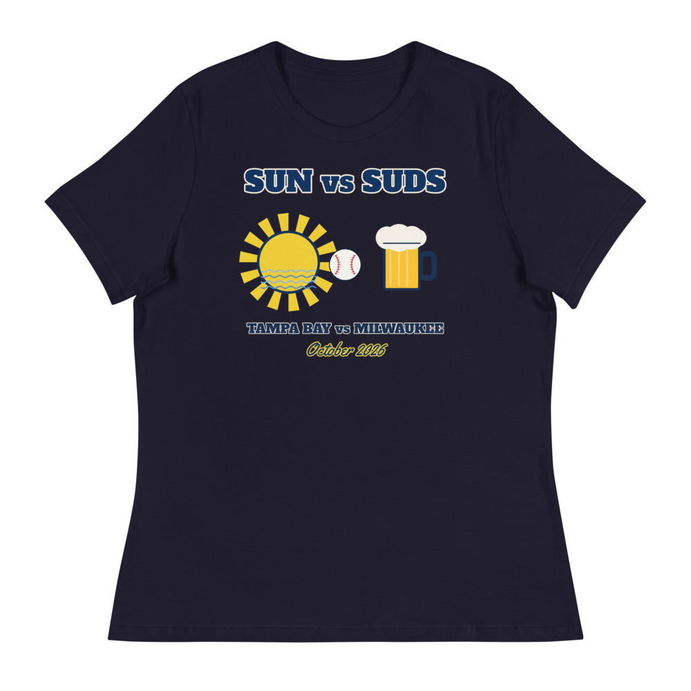 Women's Sun vs Suds Tampa Bay vs Milwaukee Relaxed Tee in navy, design printed on the front, front view