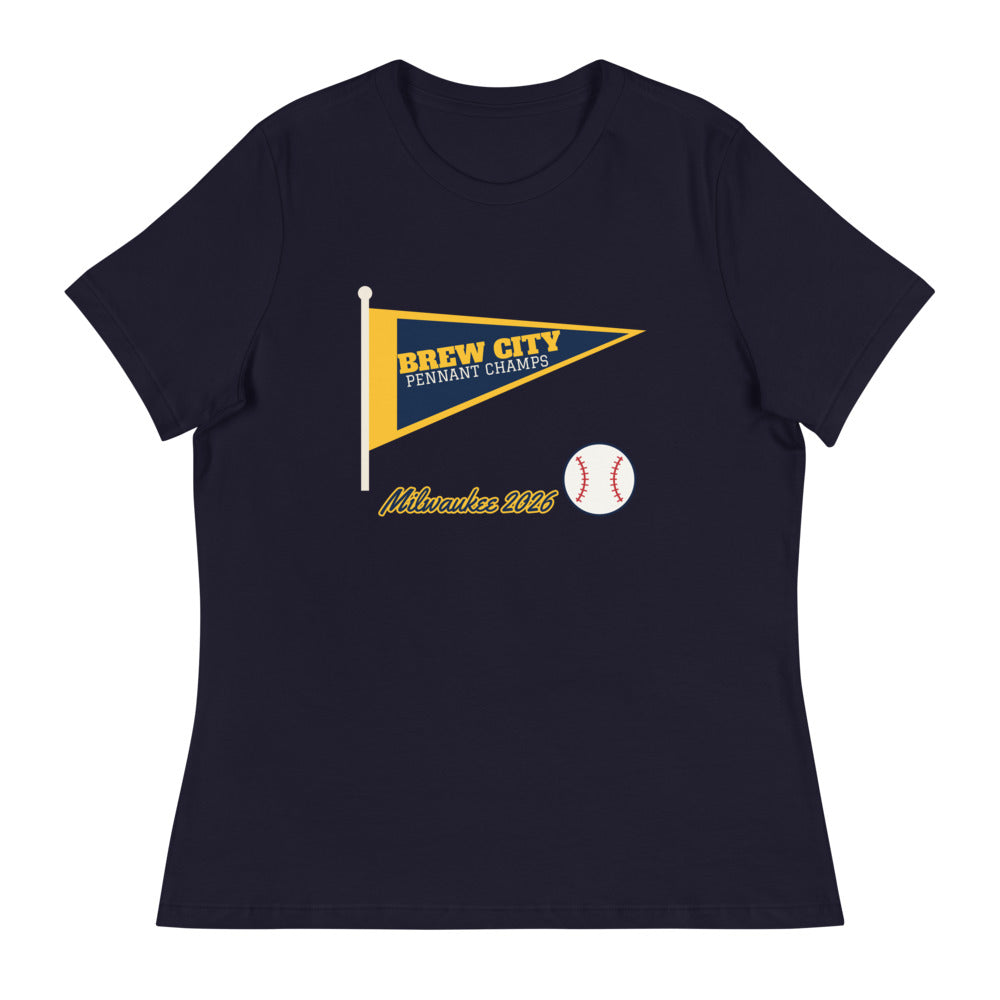 Women's Brew City Pennant 2026 Relaxed Tee in navy, design printed on the front, front view