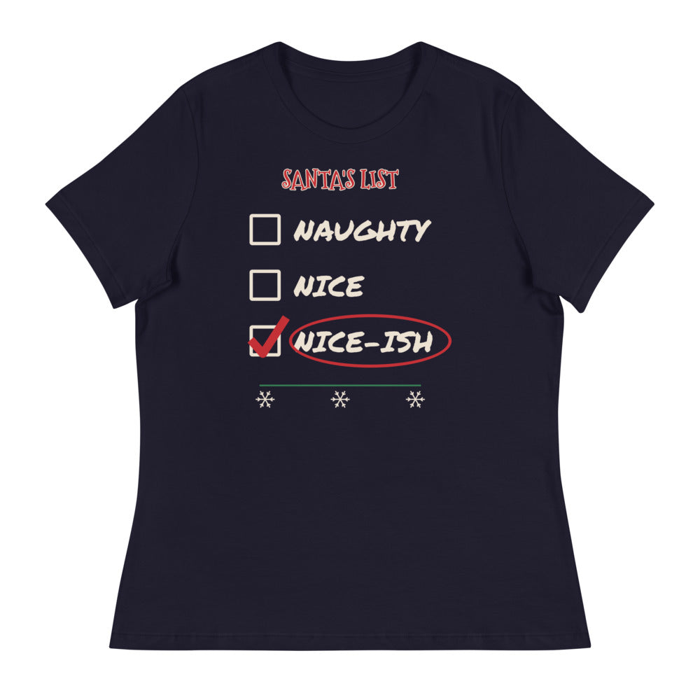 Women's Nice-ish Relaxed Tee in navy, design printed on the front, front view