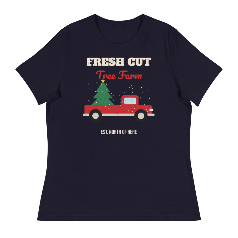 Women's Fresh Cut Tree Farm Relaxed Tee in navy, design printed on the front, front view
