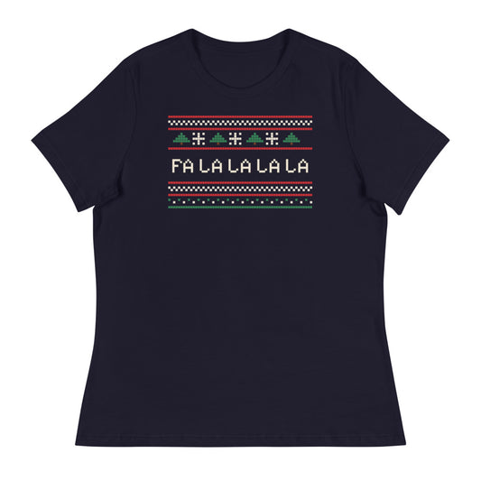 Women's Fa La La Knit Relaxed Tee in navy, design printed on the front, front view