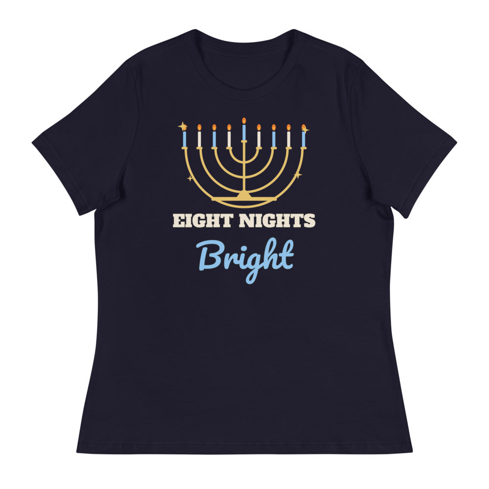 Women's Eight Nights Bright Relaxed Tee in navy, design printed on the front, front view