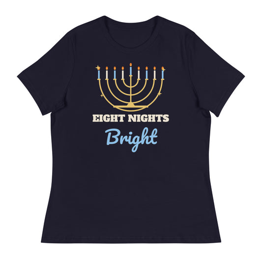 Women's Eight Nights Bright Relaxed Tee in navy, design printed on the front, front view