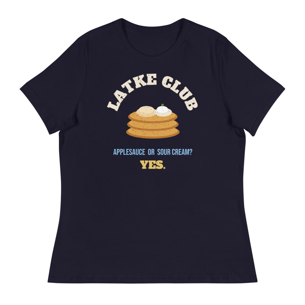 Women's Latke Club Relaxed Tee in navy, design printed on the front, front view