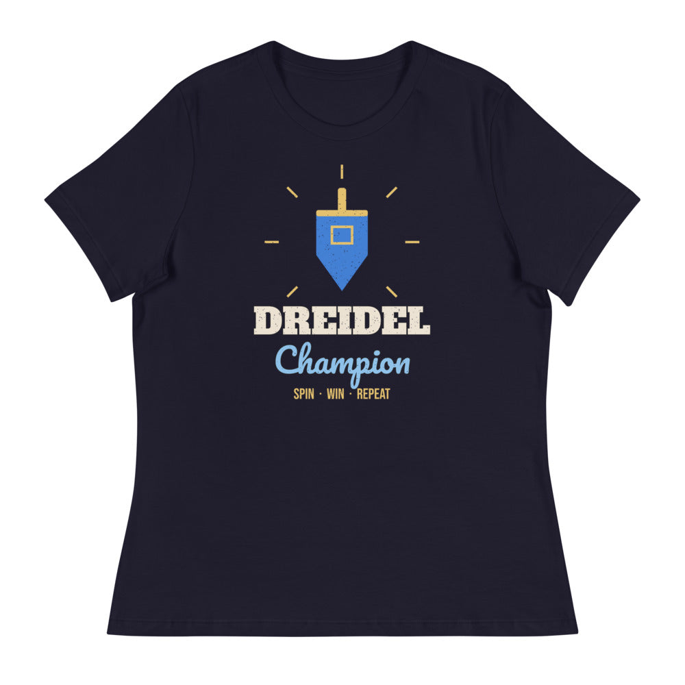 Women's Dreidel Champion Relaxed Tee in navy, design printed on the front, front view
