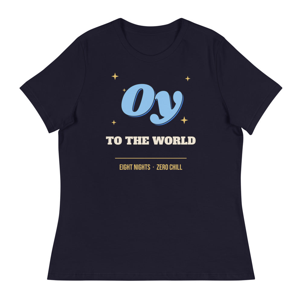 Women's Oy to the World Relaxed Tee in navy, design printed on the front, front view