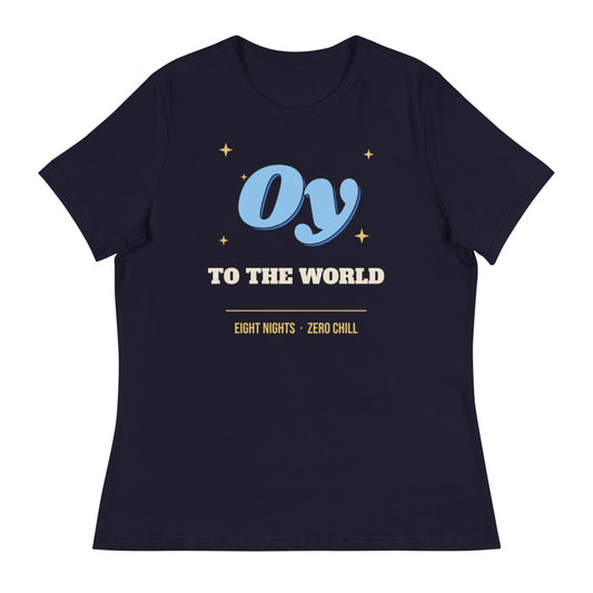 Women's Oy to the World Relaxed Tee in navy, design printed on the front, front view