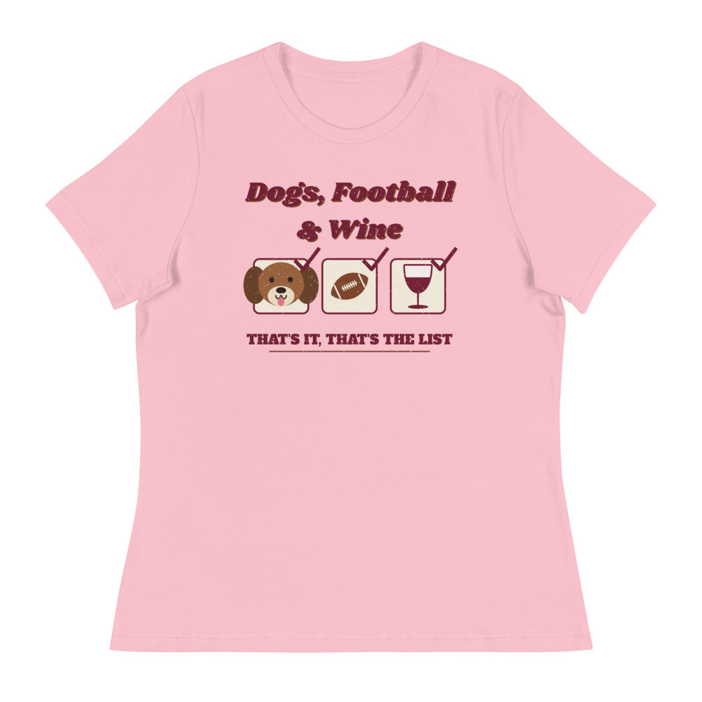 Women's Dog Mom Football & Wine List Relaxed Tee in pink, front view