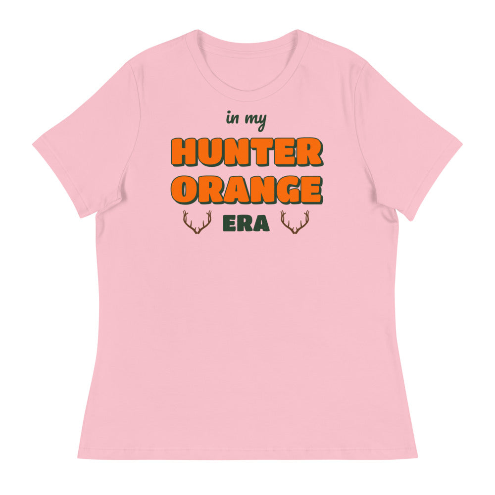 Women's In My Hunter Orange Era Relaxed Tee in pink, design printed on the front, front view