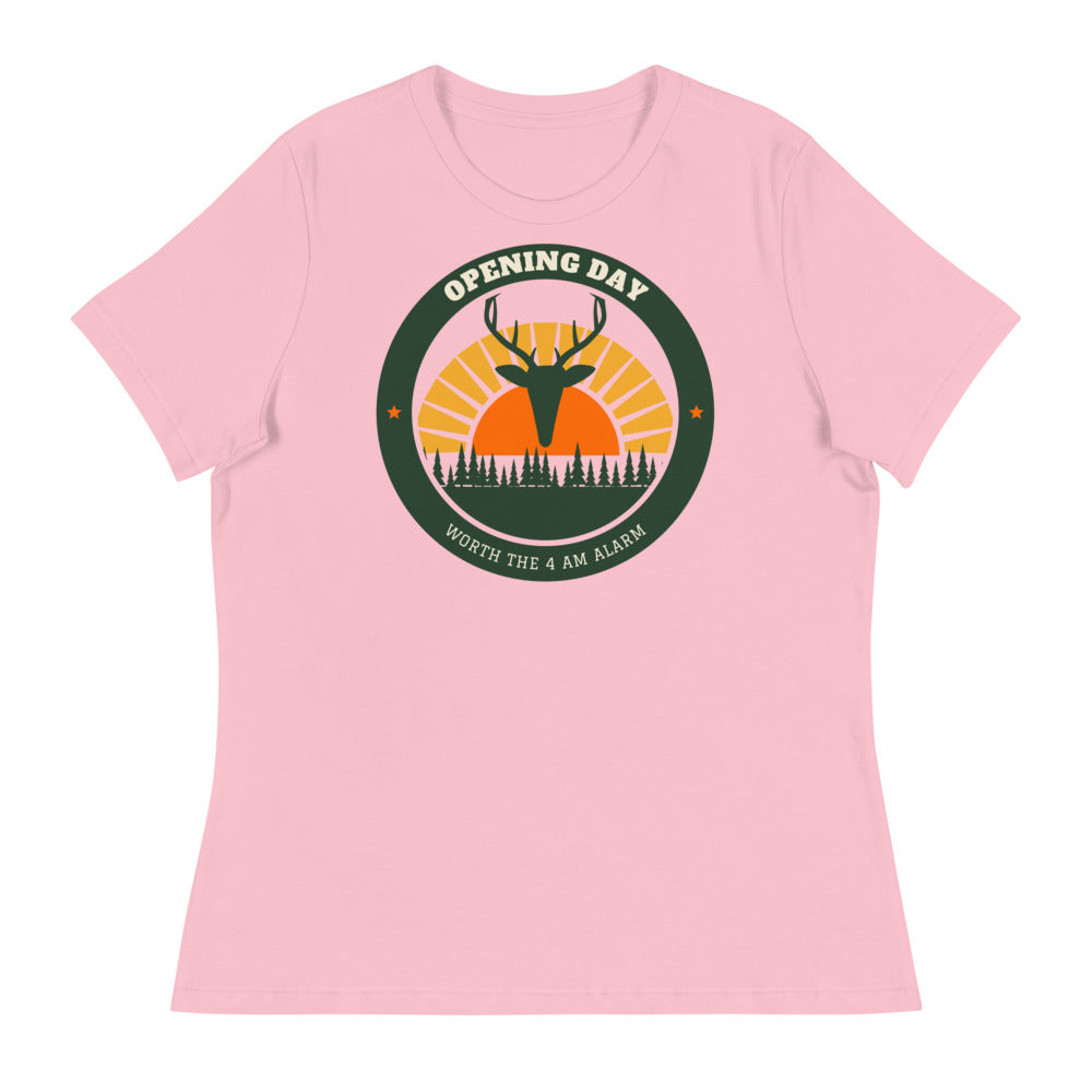 Women's Opening Day Sunrise Relaxed Tee in pink, design printed on the front, front view