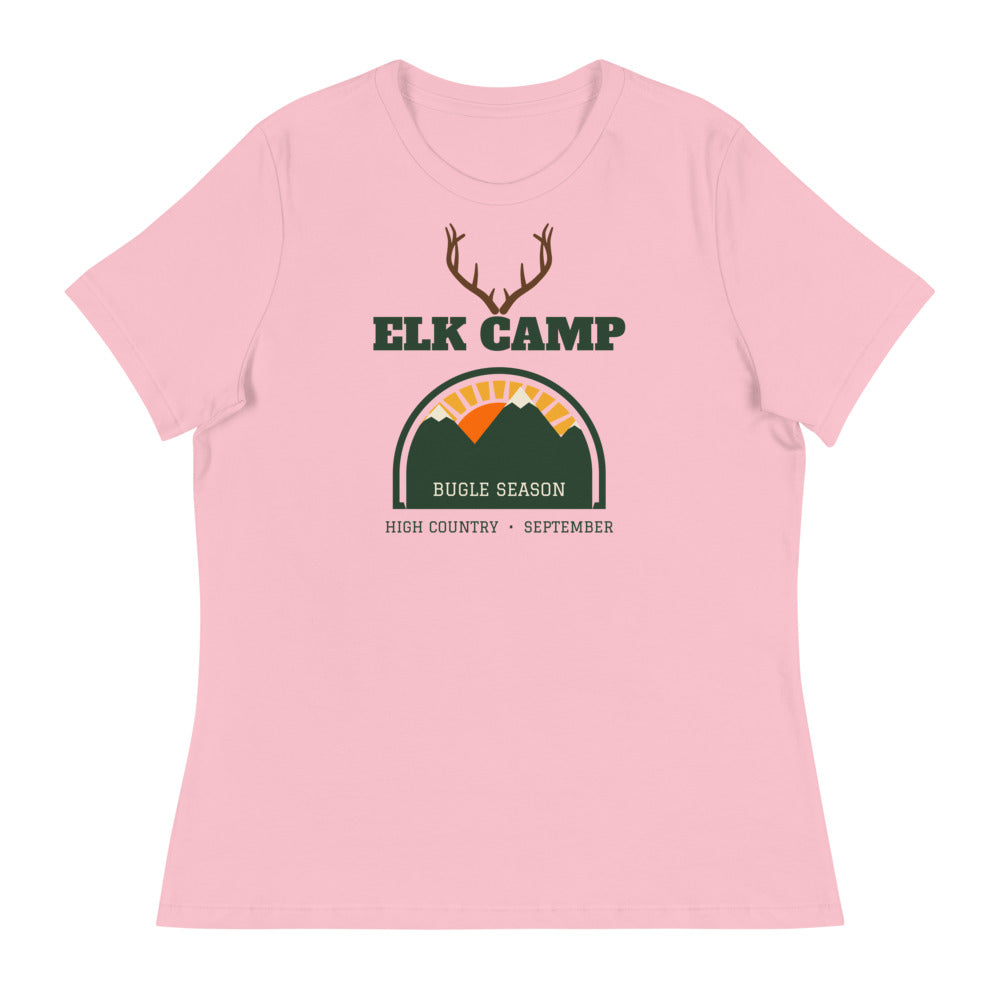 Women's Elk Camp Bugle Season Relaxed Tee in pink, design printed on the front, front view