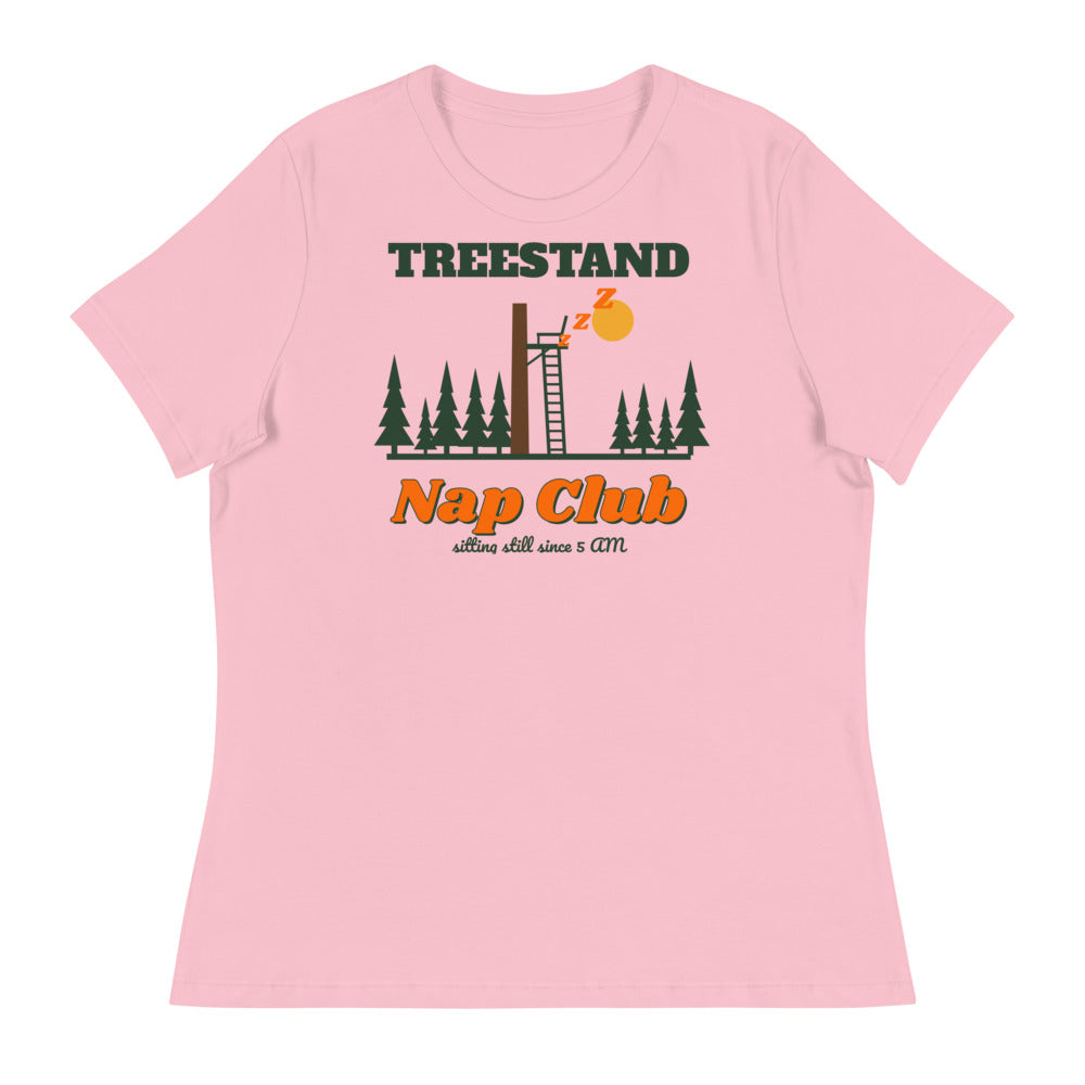 Women's Treestand Nap Club Relaxed Tee in pink, design printed on the front, front view