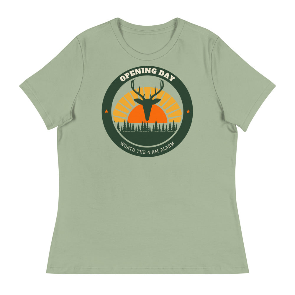 Women's Opening Day Sunrise Relaxed Tee in sage, design printed on the front, front view