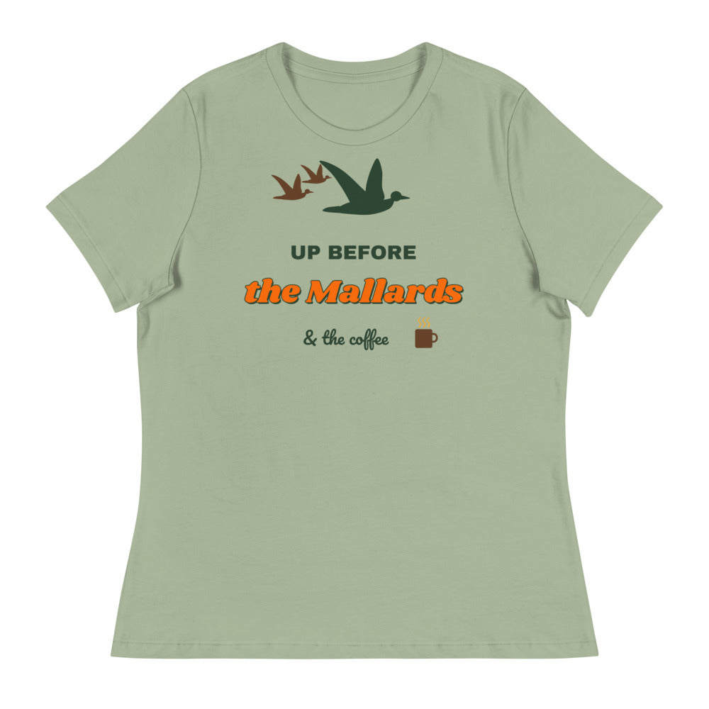 Women's Up Before the Mallards Relaxed Tee in sage, design printed on the front, front view
