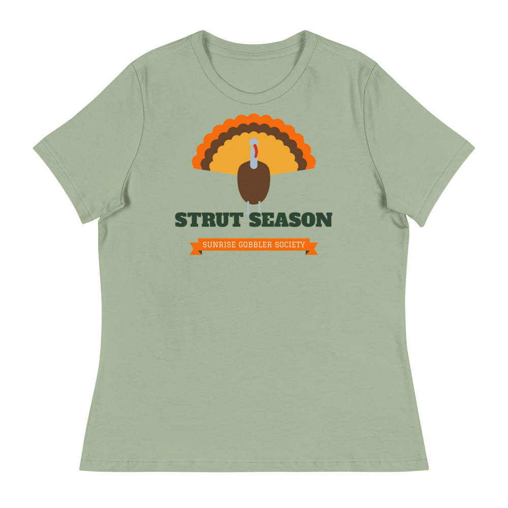 Women's Strut Season Gobbler Society Relaxed Tee in sage, design printed on the front, front view