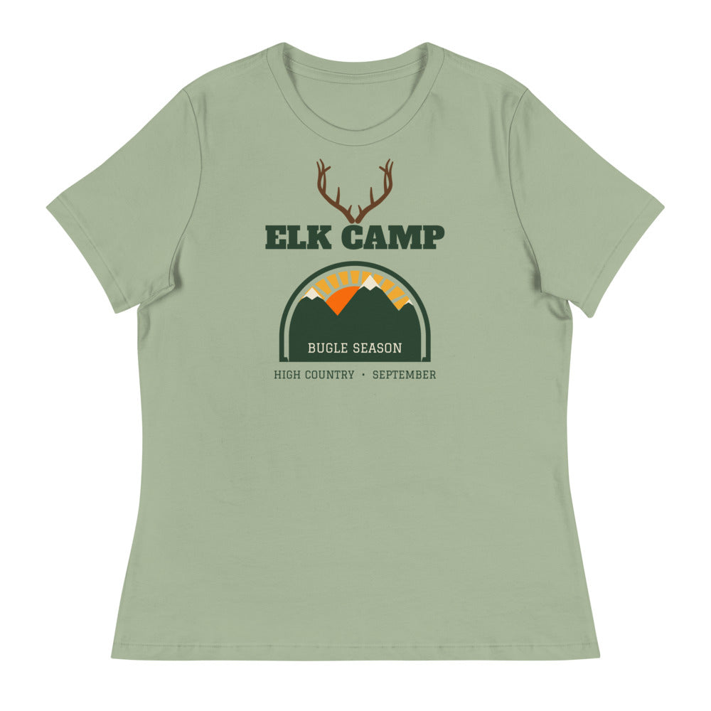 Women's Elk Camp Bugle Season Relaxed Tee in sage, design printed on the front, front view