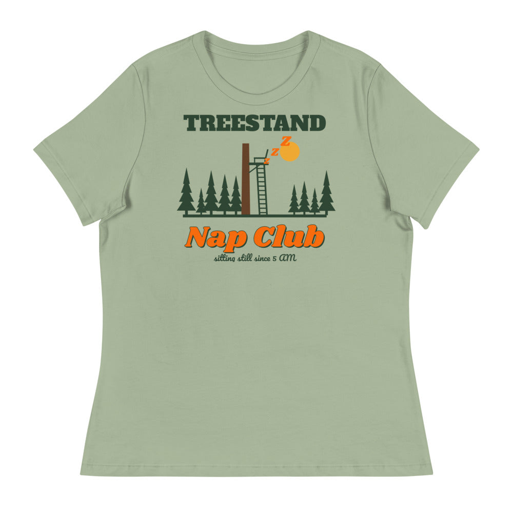 Women's Treestand Nap Club Relaxed Tee in sage, design printed on the front, front view