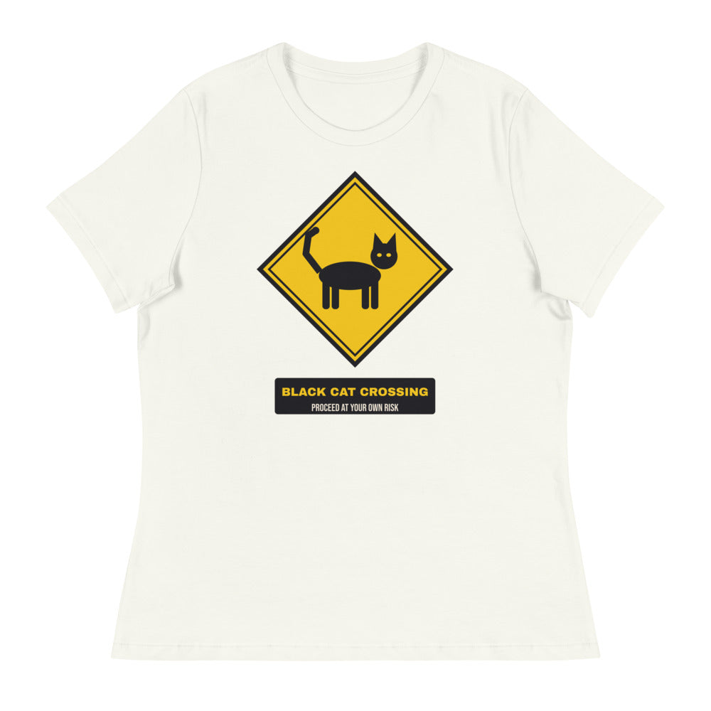Women's Black Cat Crossing Relaxed Tee in vintage white, design printed on the front, front view