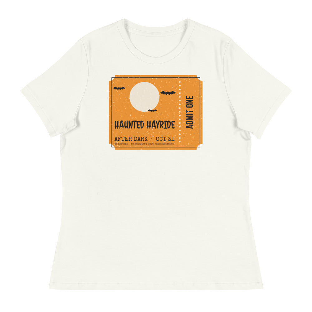 Women's Haunted Hayride Relaxed Tee in vintage white, design printed on the front, front view