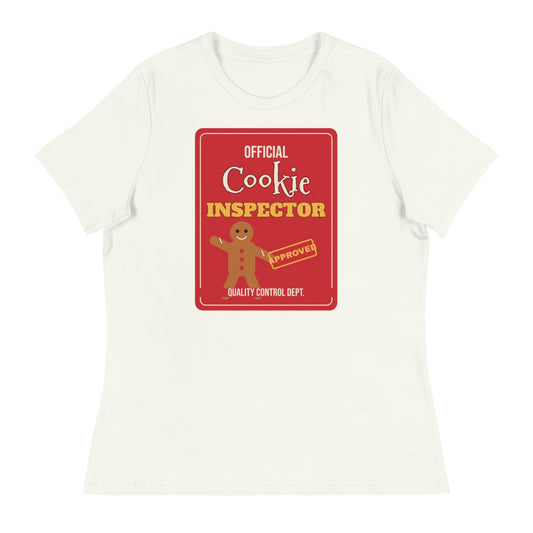 Women's Cookie Inspector Relaxed Tee in vintage white, design printed on the front, front view