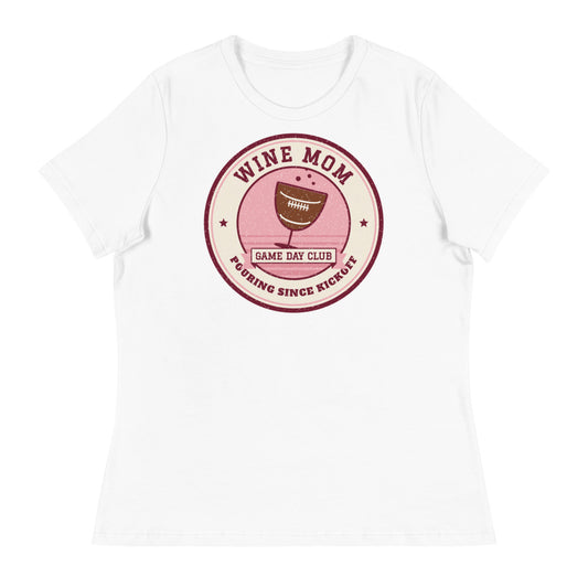 Women's Wine Mom Game Day Club Relaxed Tee in white, front view