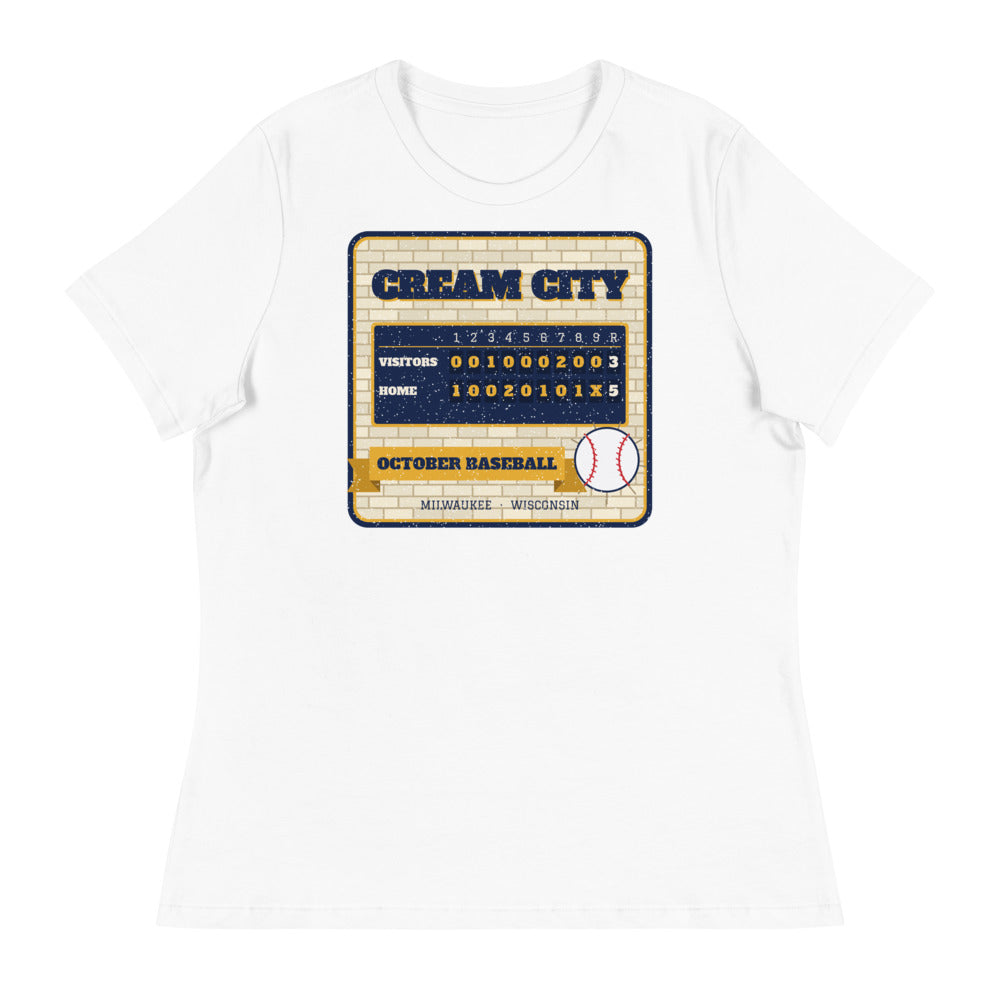 Women's Cream City October Baseball Relaxed Tee in white, front view