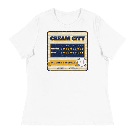 Women's Cream City October Baseball Relaxed Tee in white, front view