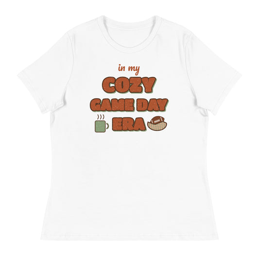Women's In My Cozy Game Day Era Relaxed Tee in white, front view