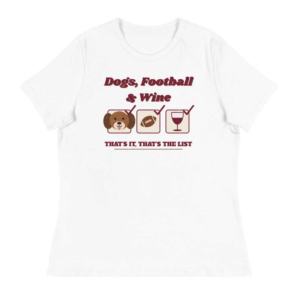Women's Dog Mom Football & Wine List Relaxed Tee in white, front view