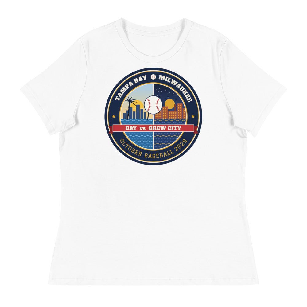 Women's Bay vs Brew City October Baseball Relaxed Tee in white, front view